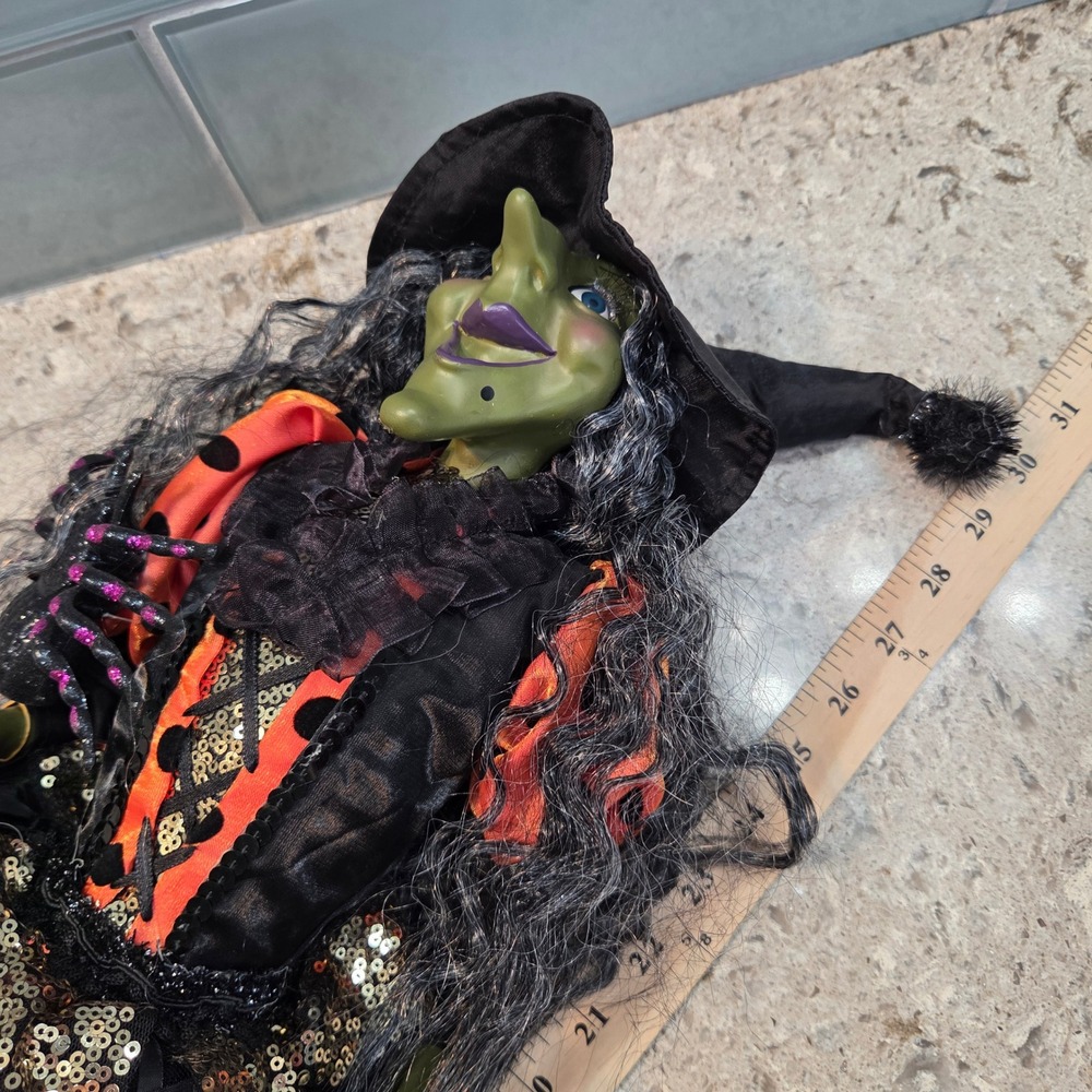Halloween Shelf Sitter Witch Doll 30" Green Face Sequin Tulle Dress Spider - Picture 10 of 14